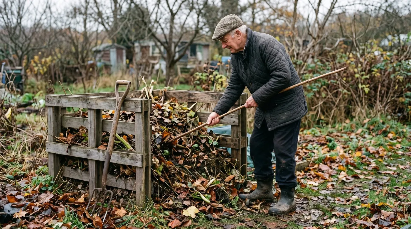 Older man gently probing a compost heap with a long stick to check for hedgehogs before turning it