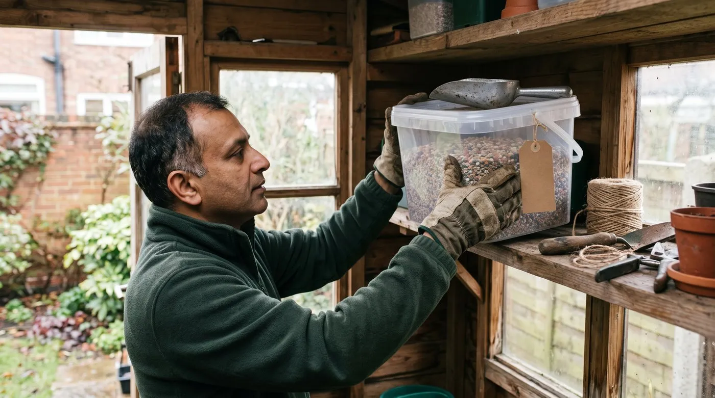 Gardener placing an airtight tub of home-mixed fertiliser on a high shed shelf