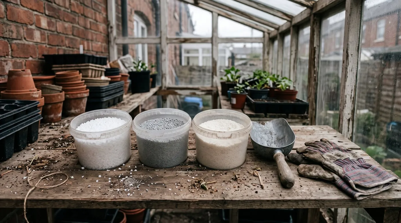 Three tubs of straight fertilisers on a potting bench: white crystals, grey granules and off-white powder