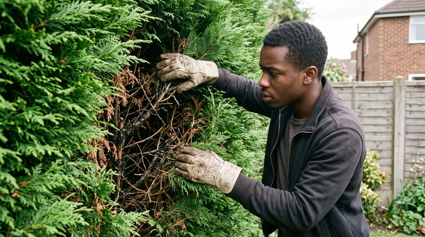 Gardener parting leylandii foliage to check brown inner shoots for sticky honeydew and black sooty mould