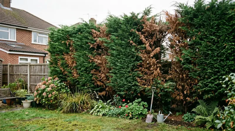 A leylandii conifer hedge with large brown dead patches among the green foliage in a UK garden