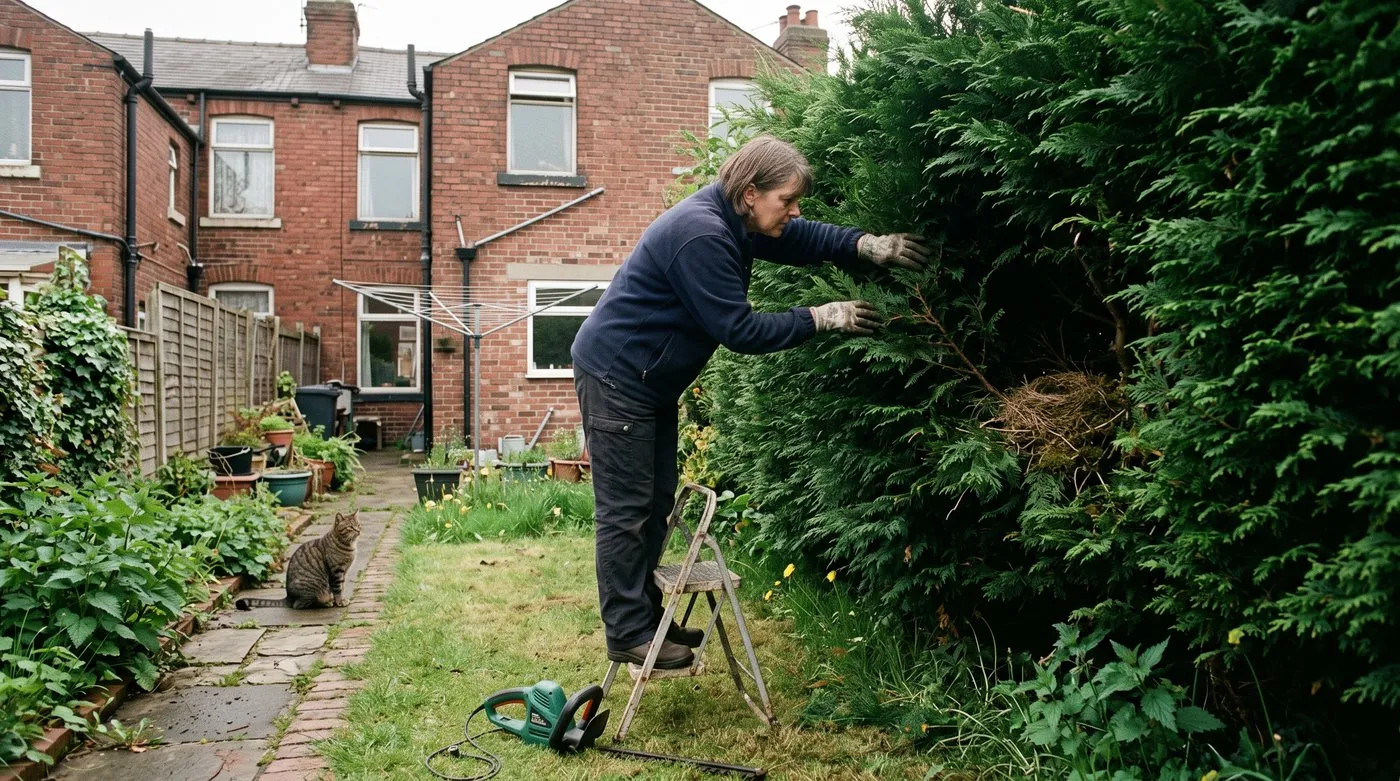 Woman parting leylandii foliage to check for a bird nest before trimming, with a hedge trimmer on the lawn