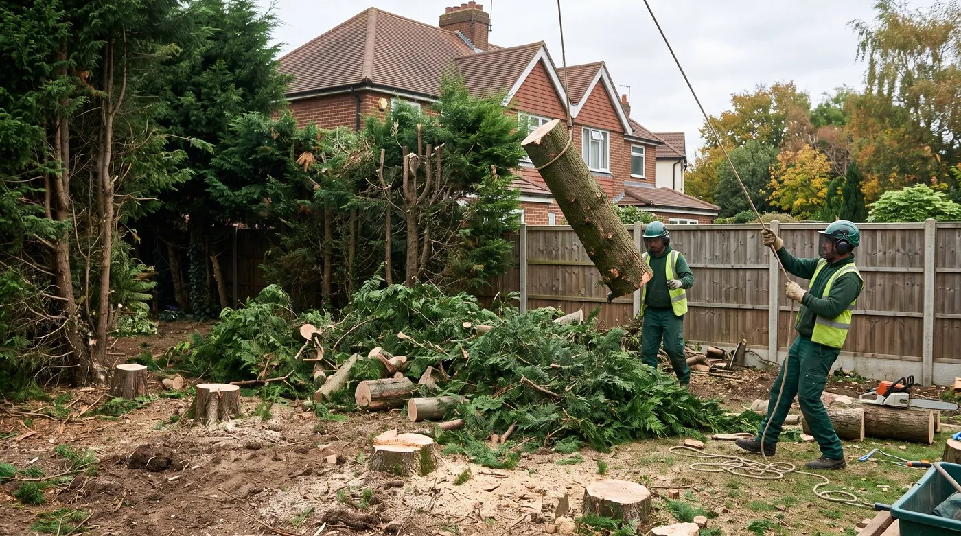 Tree surgeons removing a row of tall leylandii in sections from a suburban garden boundary