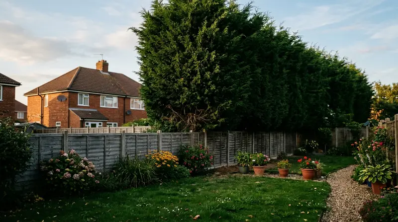 An overgrown Leylandii hedge towering 8 metres above a UK suburban garden