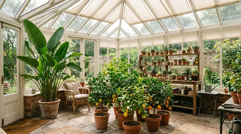 A bright UK conservatory filled with citrus, bird of paradise and succulents on a sunny day