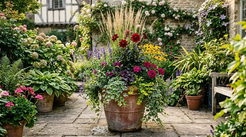 Beautifully designed UK container combination on a paved patio with large terracotta pot planted with thriller filler