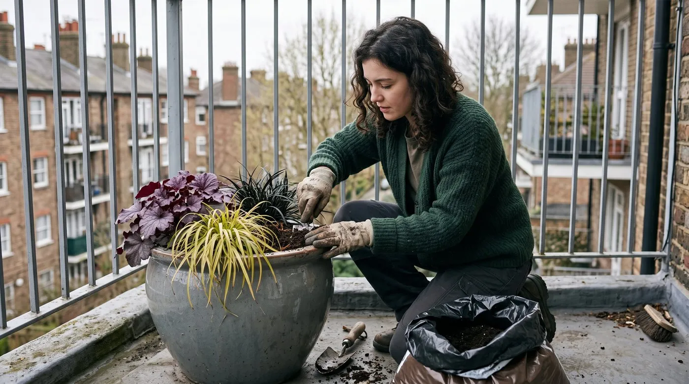 Woman replacing the top layer of compost in a large pot of heuchera, golden grass and black mondo grass
