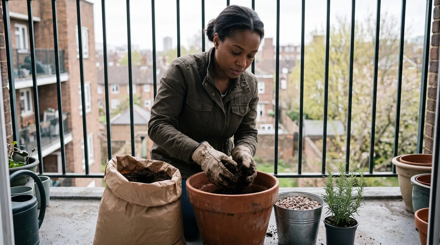 Gardener filling a large terracotta pot with peat-free compost and grit on a balcony