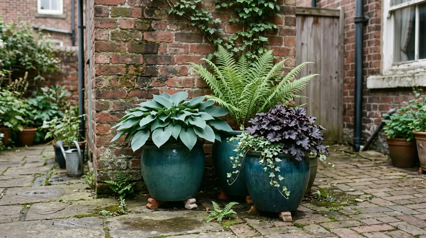 Hosta, fern and heuchera in glazed pots on pot feet in a shady city courtyard