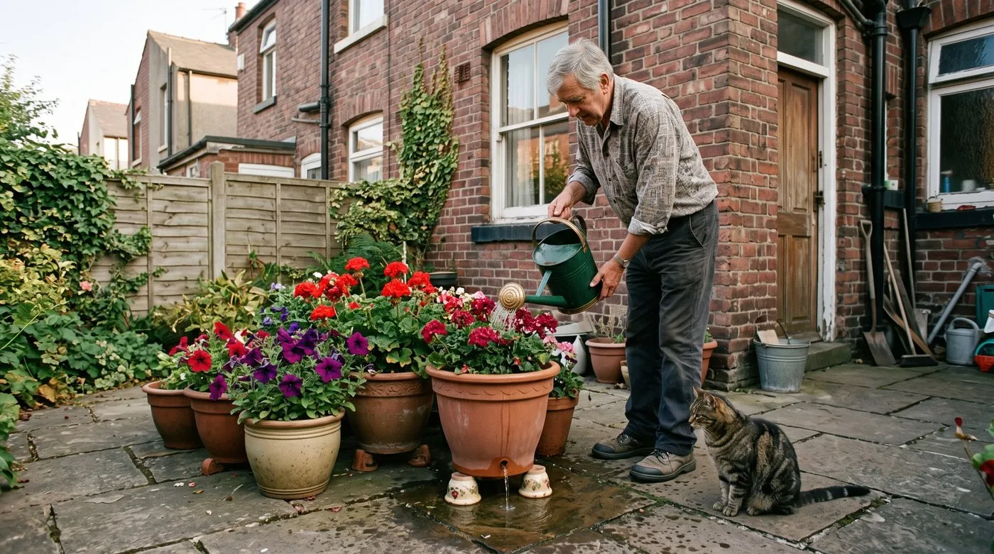 Man watering pots of geraniums and petunias until water runs from the drainage holes, with a cat watching