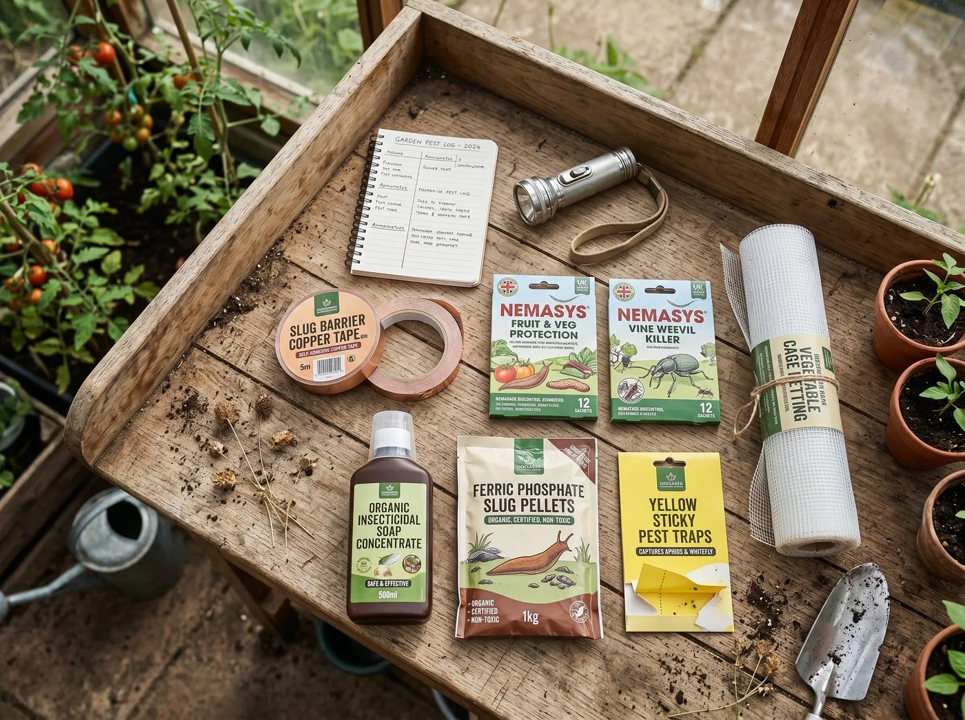 UK gardener's seasonal pest defence kit laid out on a wooden bench - rolls of copper tape, packs of nematodes, fine mesh netting, insecticidal soap concentrate, sticky traps, hand-picking torch, all the components for a year's protection of 30-40 containers