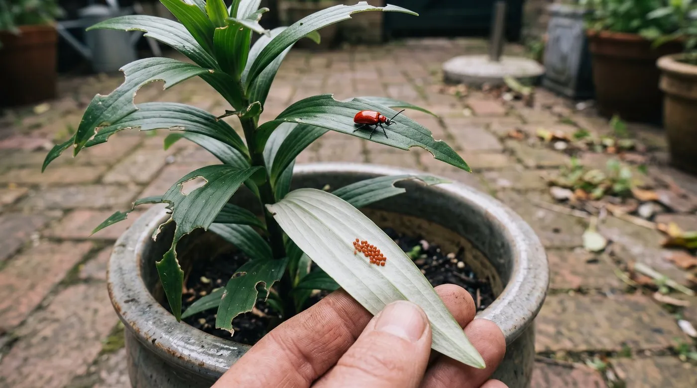 Potted lily with chewed leaves, a red lily beetle on top and orange-red eggs under a leaf