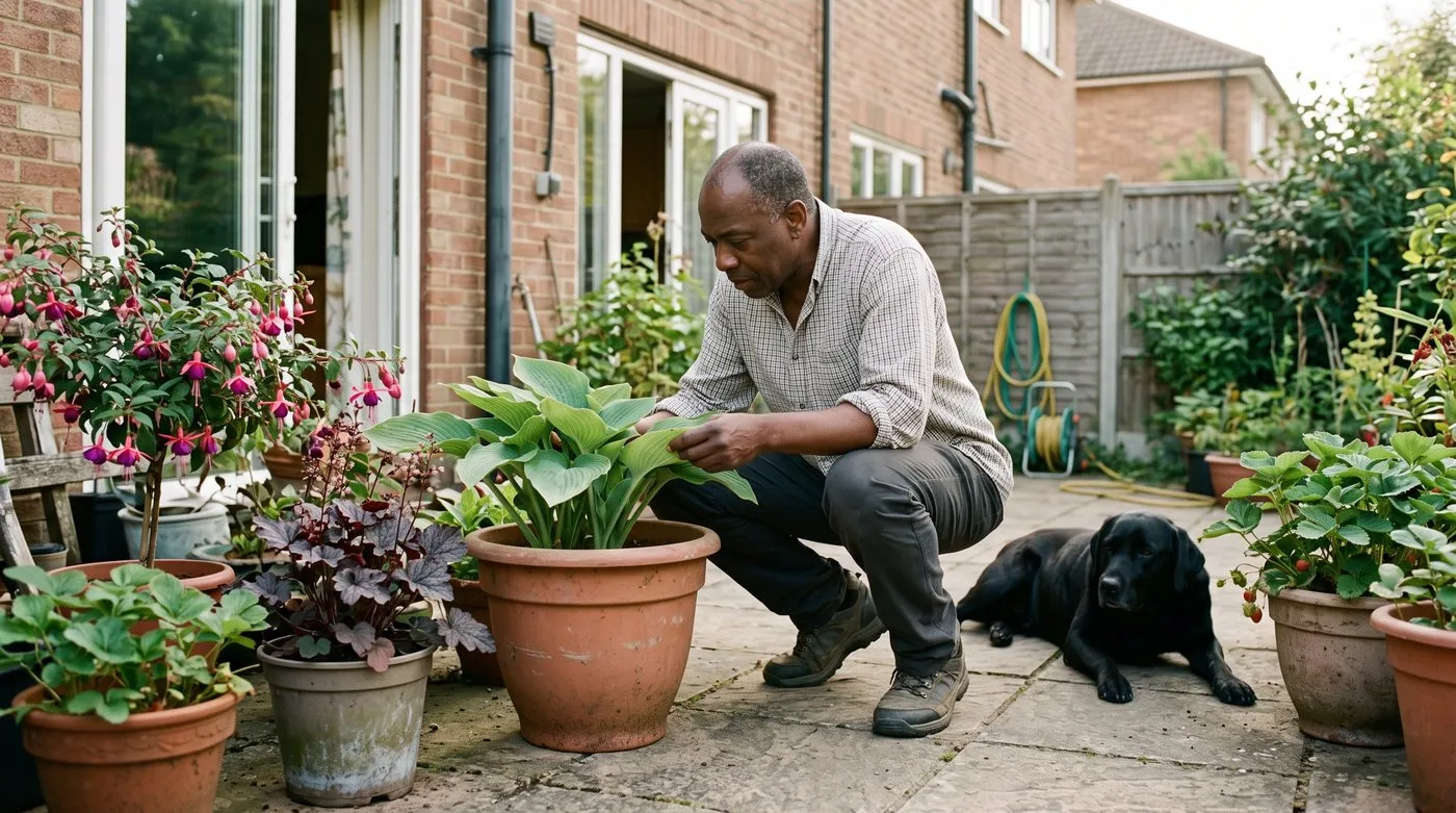 Man checking under hosta leaves in a patio pot while a black Labrador lies nearby