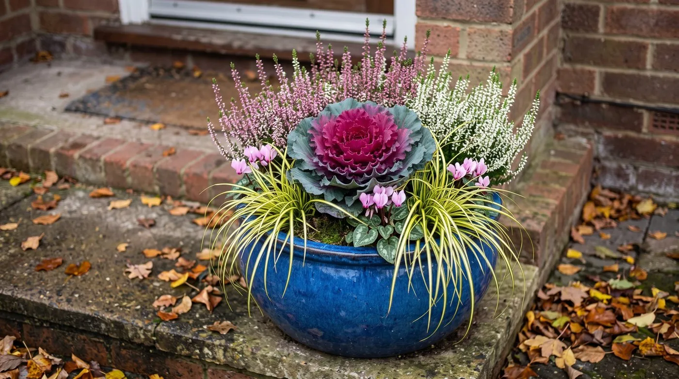Autumn container planting with ornamental cabbage, heathers, carex and cyclamen on a UK doorstep