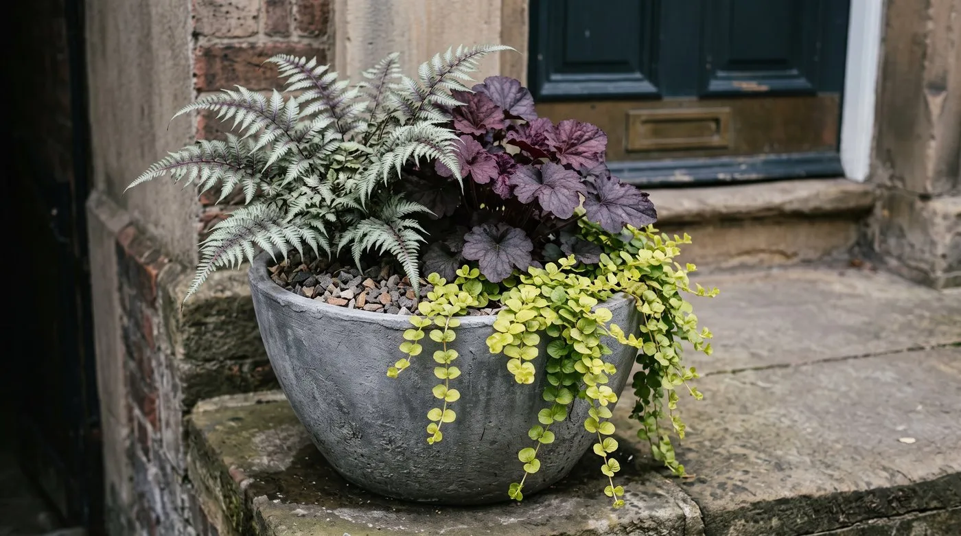 Shade container planting with Japanese painted fern, burgundy heuchera and golden creeping Jenny on a shady doorstep