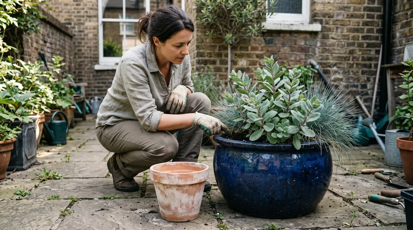 Gardener checking the compost in a large glazed pot of sedum beside a small dry terracotta pot