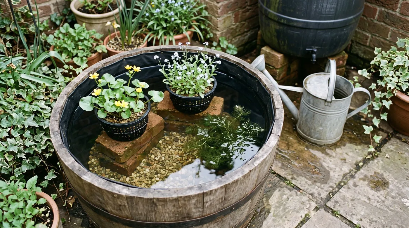 Half barrel container pond being set up with marginal plant baskets standing on bricks in rainwater
