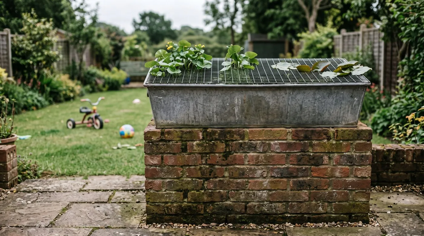 Raised container pond at waist height with a rigid mesh grille just under the water for child safety