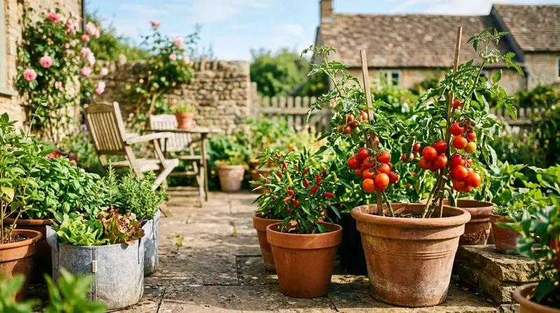 Sunny UK patio with container-grown tomatoes, chillies, lettuce, and herbs in warm afternoon light