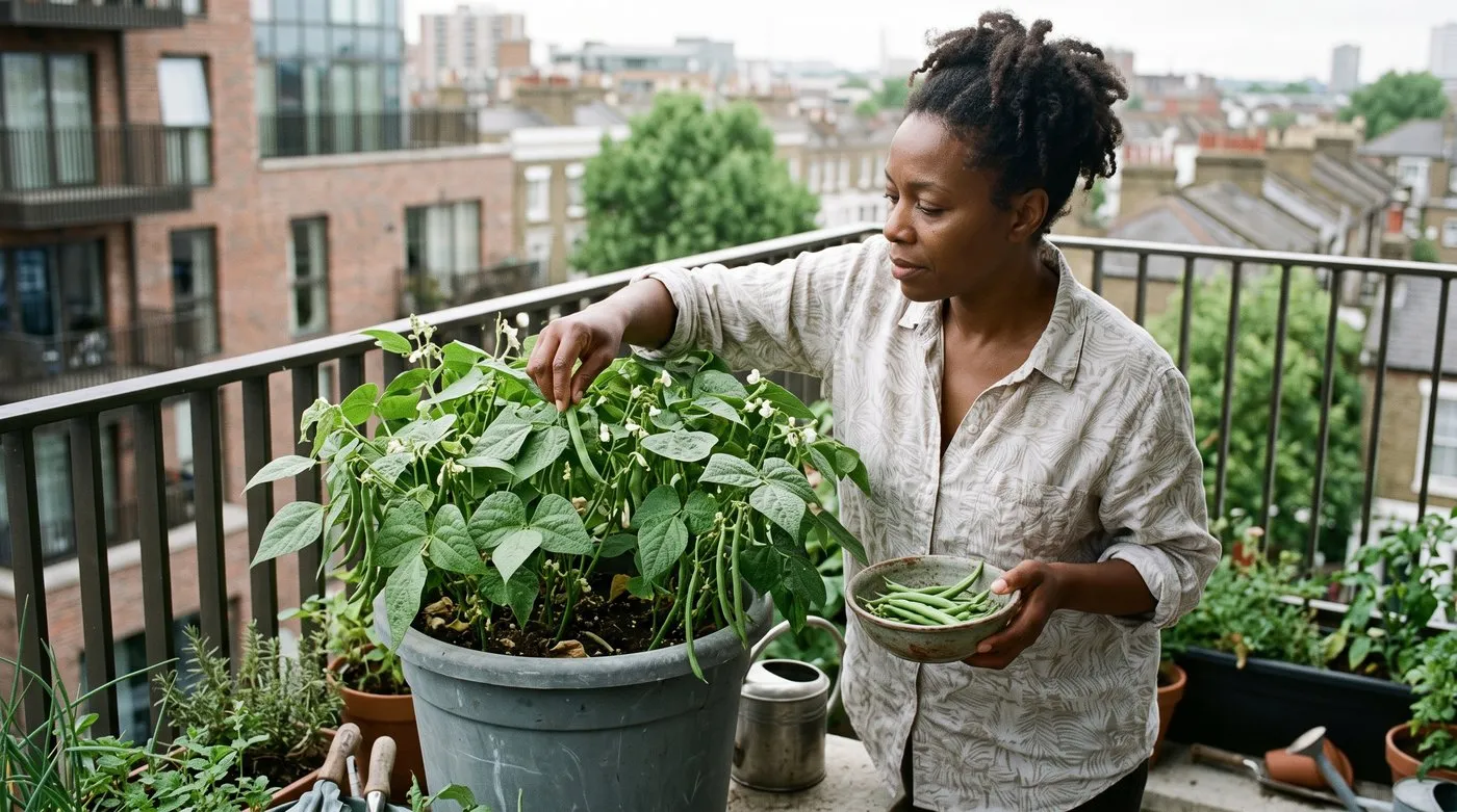 Woman picking dwarf French beans from a bushy plant in a large pot on a city flat balcony