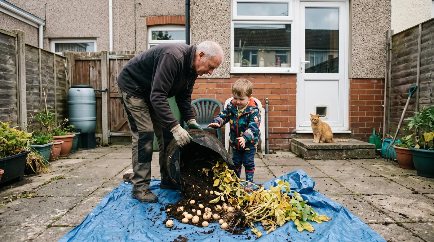 Grandfather and child tipping new potatoes out of a fabric grow bag onto a sheet in a back yard
