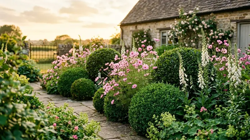 A contemporary UK cottage garden showing hornbeam balls, ornamental grasses and loose pink cosmos in the 70/30 planting ratio