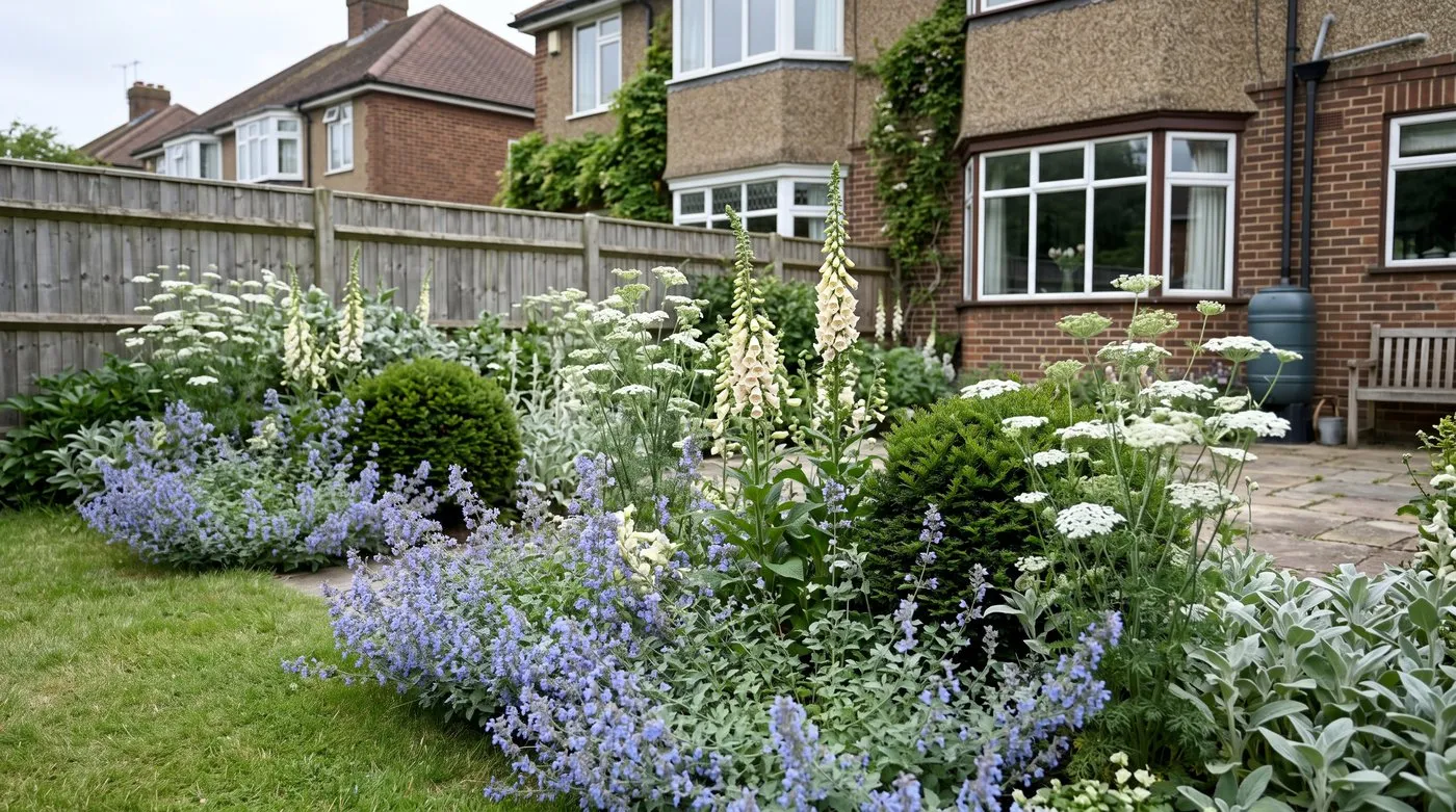 Contemporary cottage border in blue, white and cream with catmint, Ammi majus, cream foxgloves and clipped yew balls