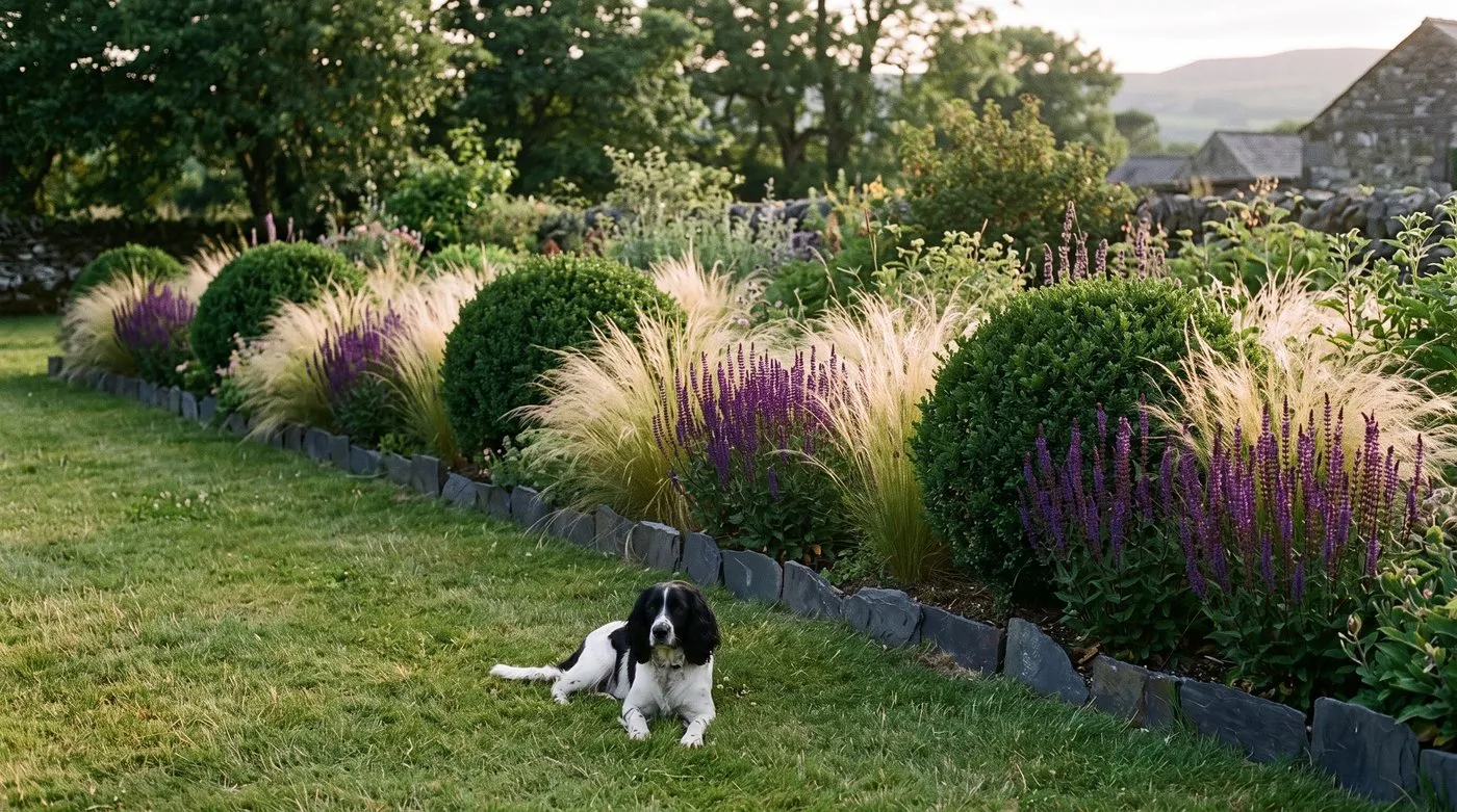 Border with clipped yew balls, Stipa tenuissima and purple salvia repeated along it, a spaniel resting on the lawn