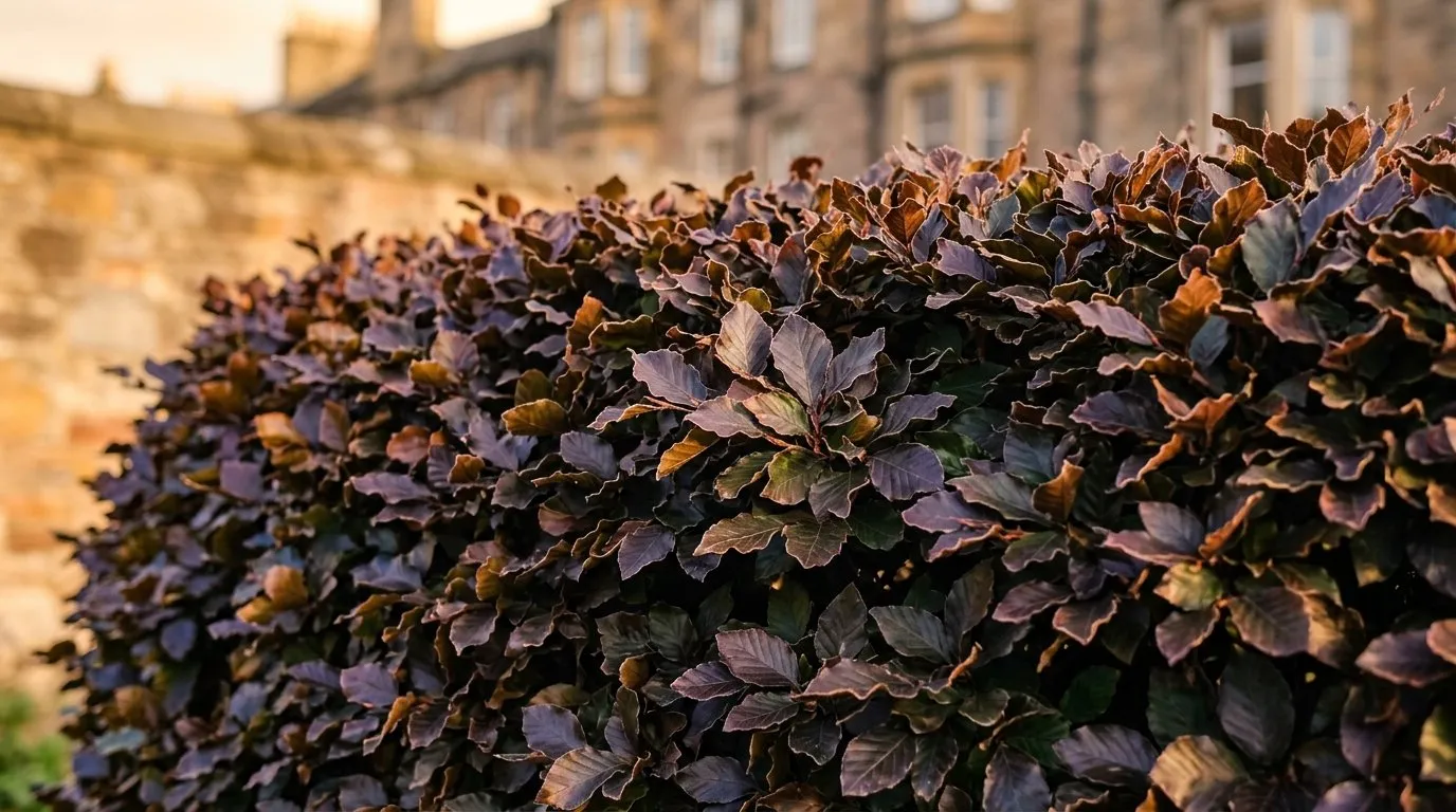 Copper beech hedge foliage in close-up showing deep purple leaves in an Edinburgh town garden