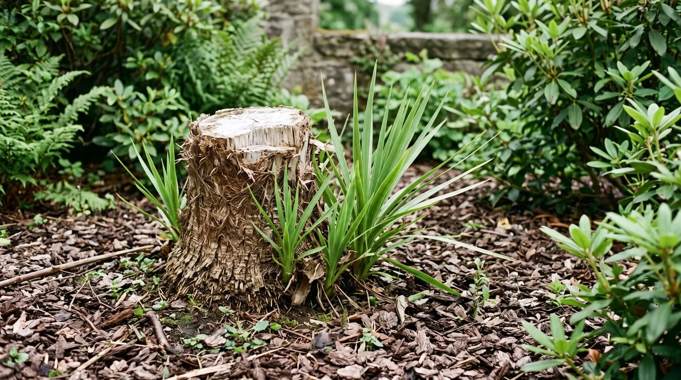 Cut-back cordyline stump with fresh green shoots sprouting from the base in early summer