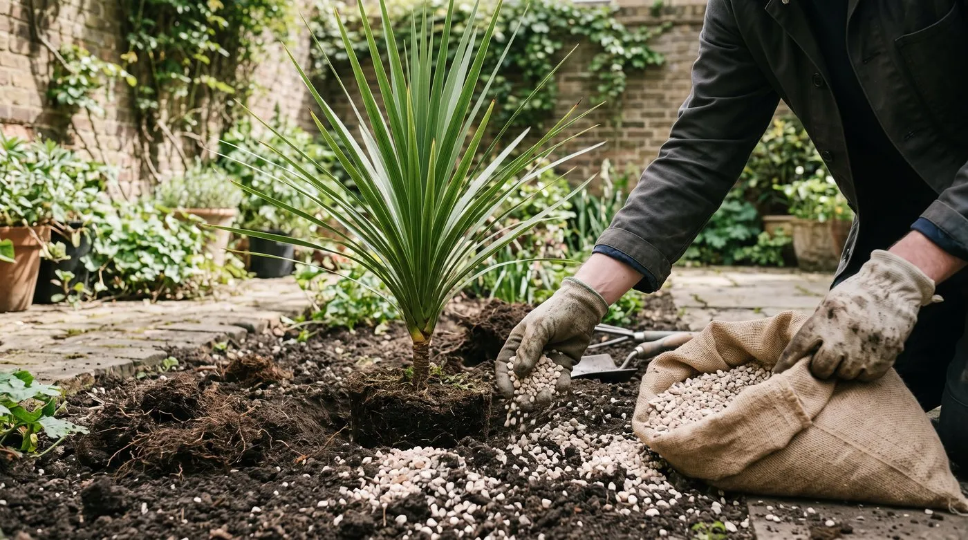 Young green cordyline being planted with grit mixed into the backfill in a sunny border