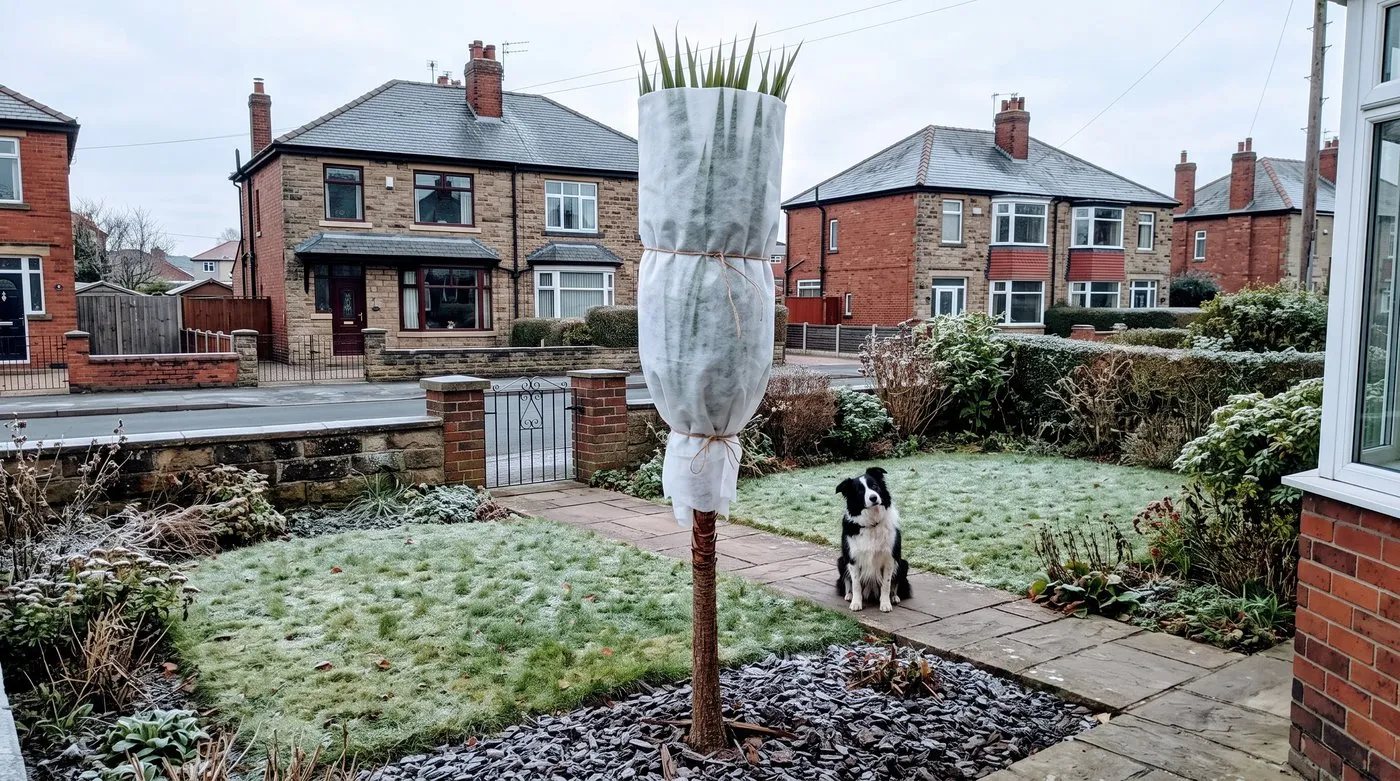 Cordyline with its leaves tied up over the crown and wrapped in fleece for winter