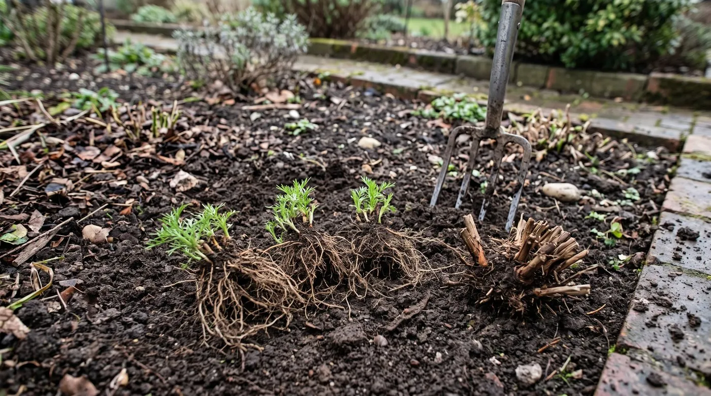 Coreopsis clump lifted and split into three pieces with roots and new shoots in early spring
