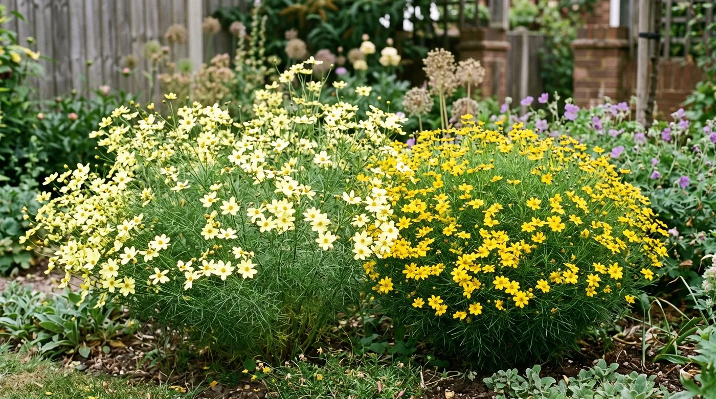 Pale lemon Coreopsis Moonbeam beside golden Coreopsis Zagreb with fine thread-like leaves