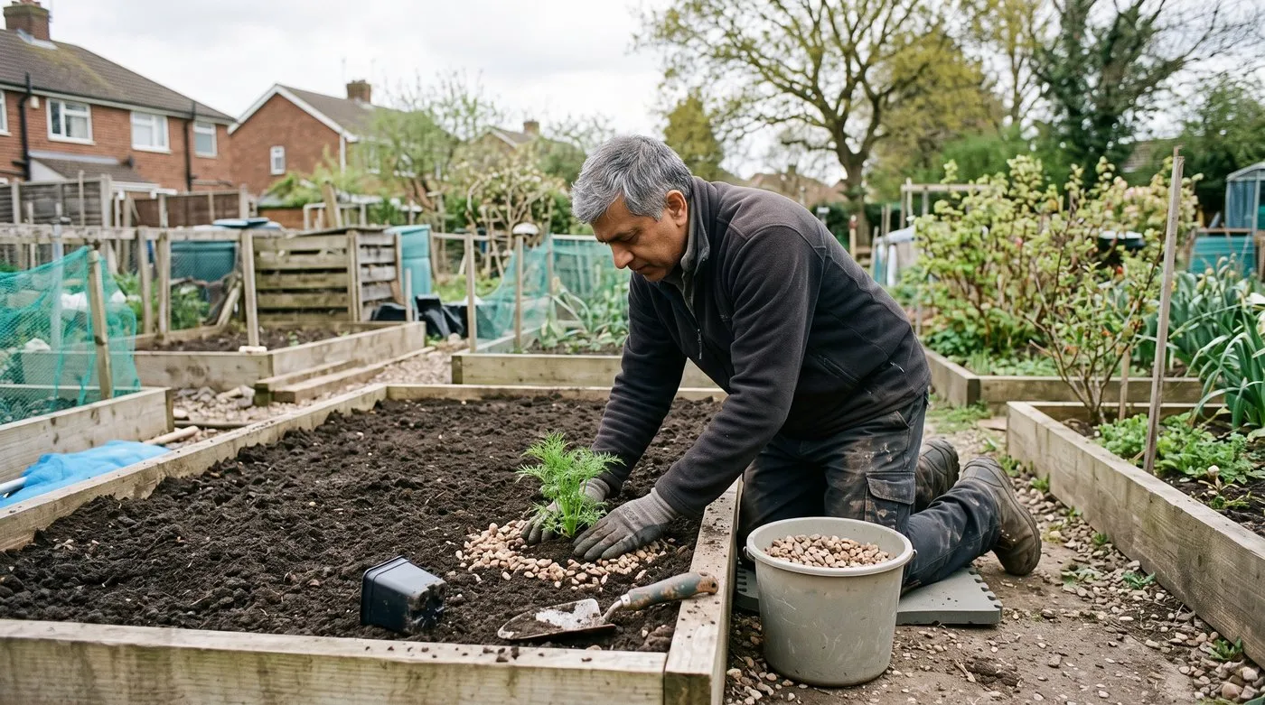 Gardener planting a young coreopsis and spreading a gravel mulch around the crown in spring