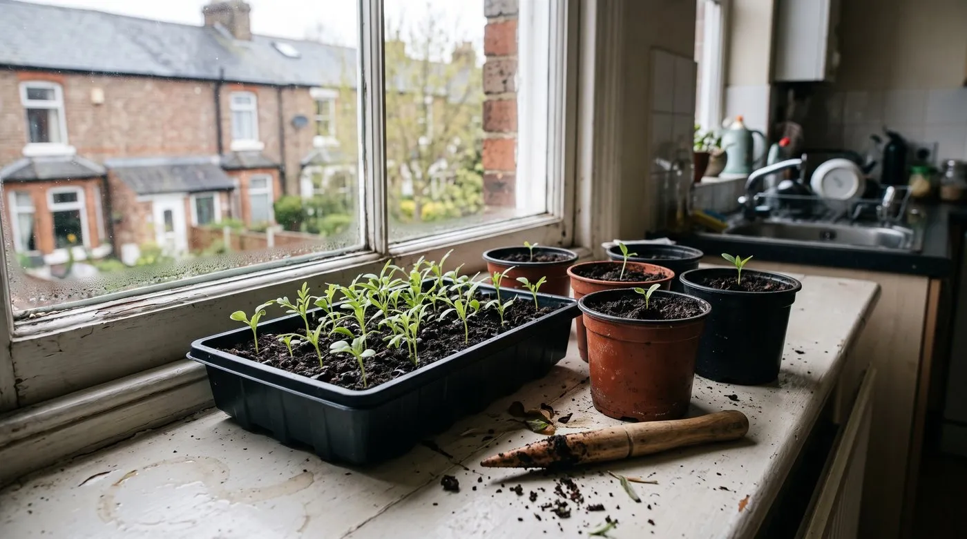 Coreopsis seedlings in a seed tray with some pricked out into small pots on a windowsill