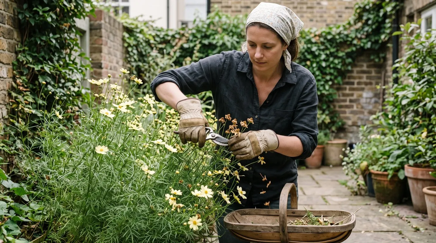 Gardener trimming faded flowers off a clump of thread-leaf coreopsis with secateurs in summer
