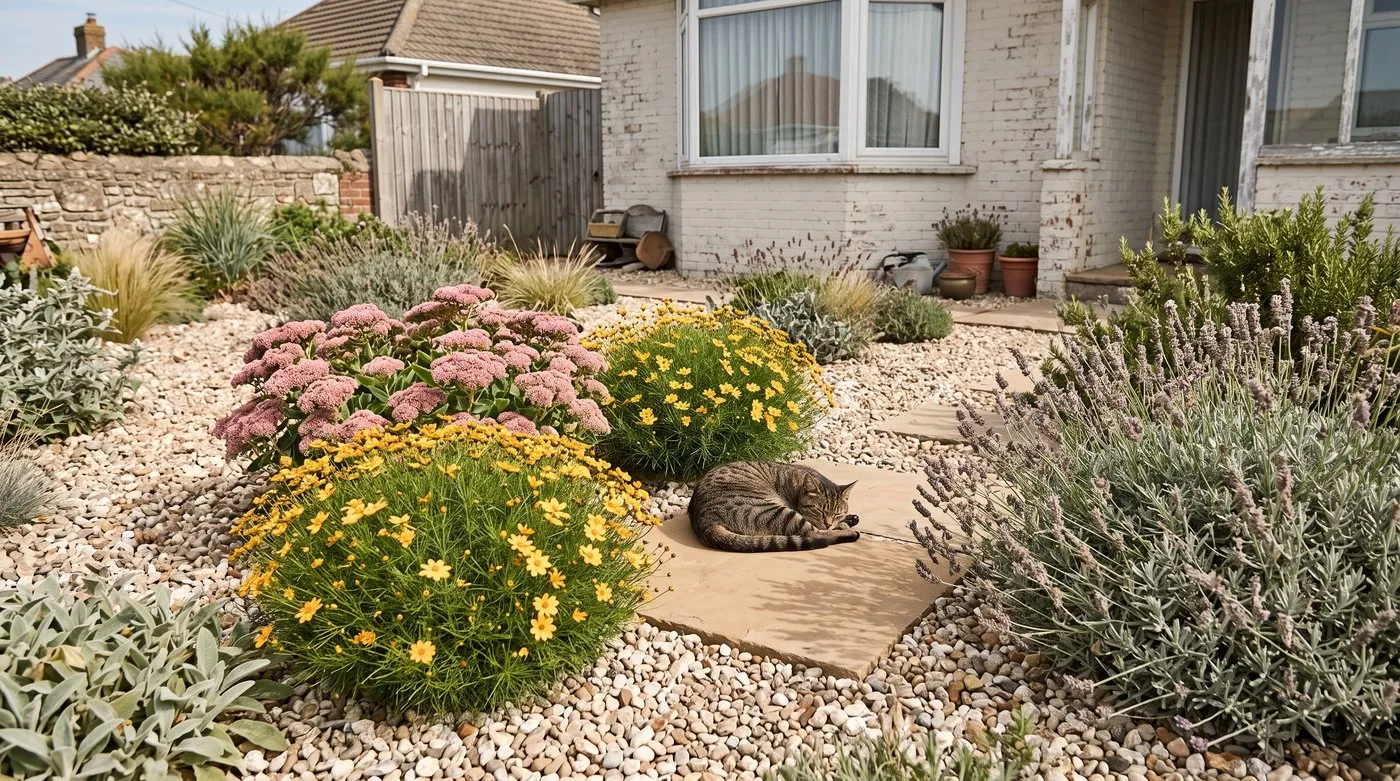Golden coreopsis growing in a sunny gravel garden with sedum and lavender, a cat dozing nearby