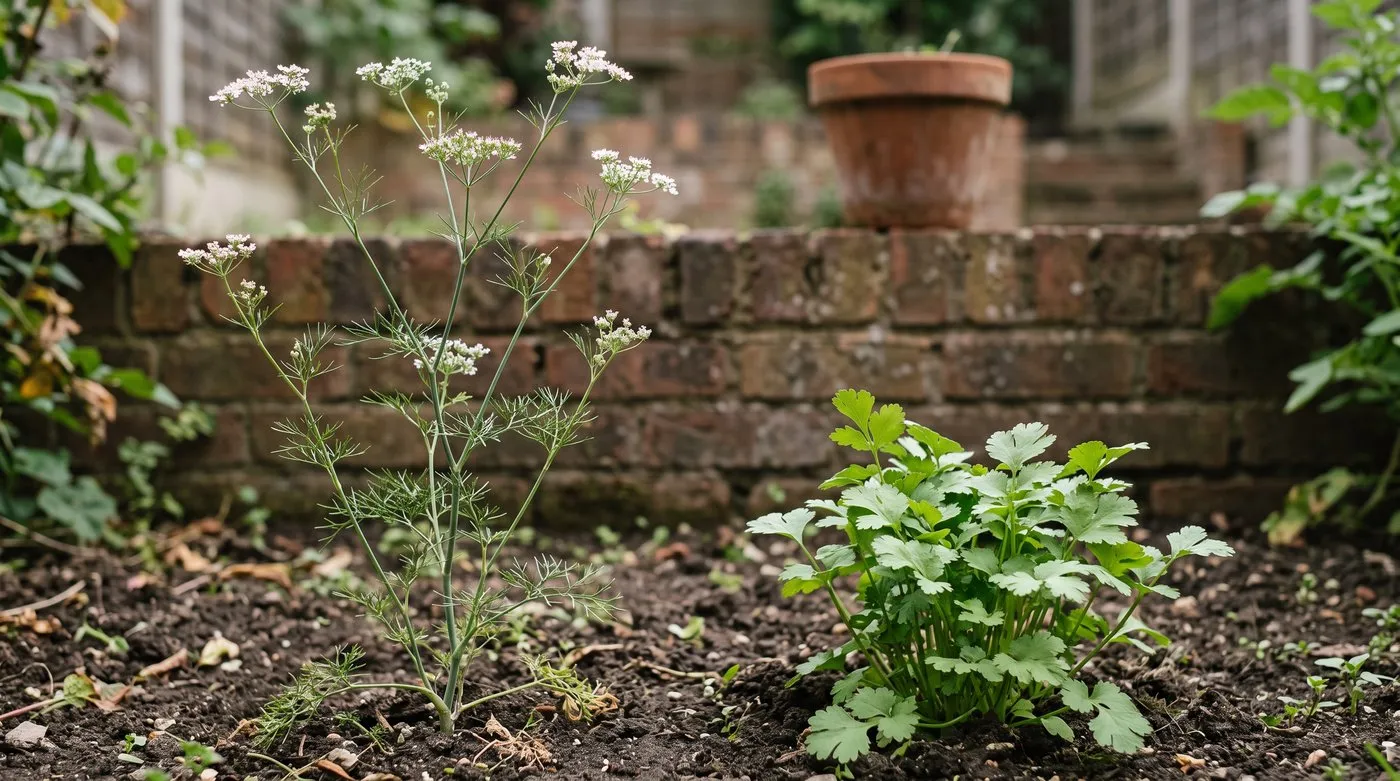 Bolted coriander with a tall flower stem and feathery leaves next to a leafy plant with broad leaves