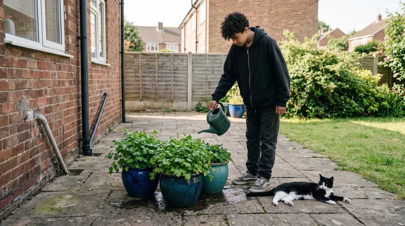 Teenage boy watering pots of leafy coriander on a patio while a cat lies on the paving