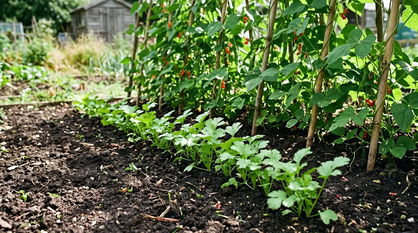 Row of young coriander growing in the shade of tall runner beans on an allotment