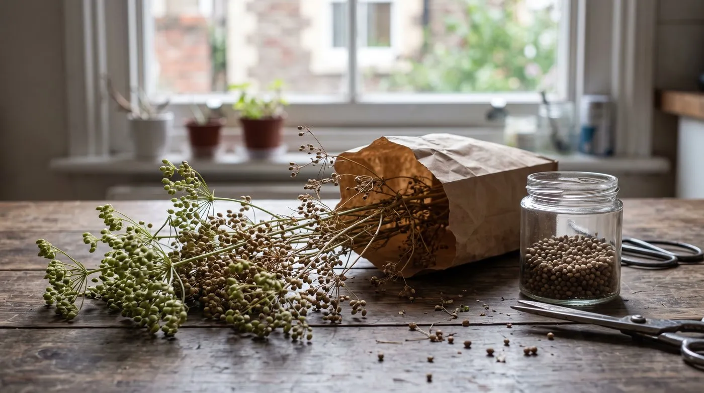 Coriander seed heads with round green and brown seeds, some upside down in a paper bag to dry