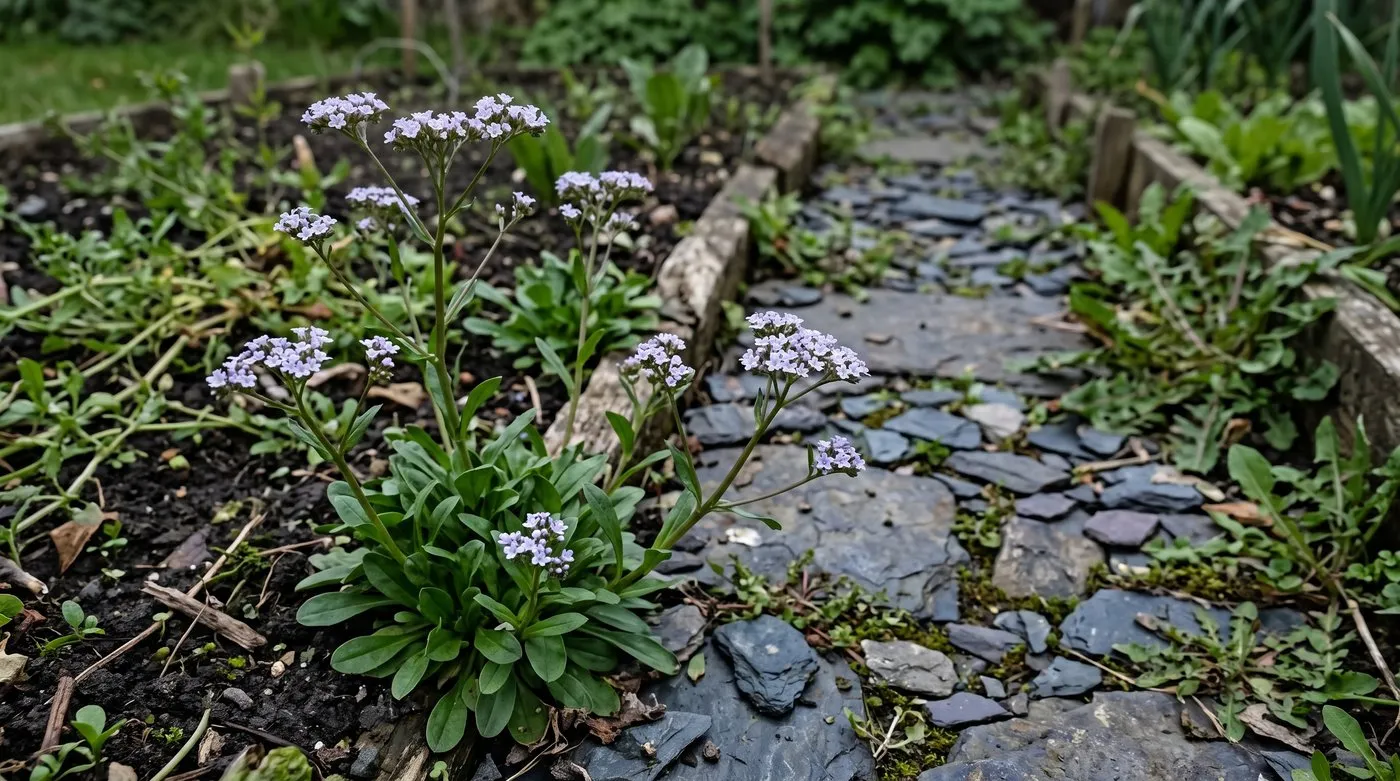 Corn salad plants in flower with clusters of tiny pale blue flowers at the edge of a vegetable bed