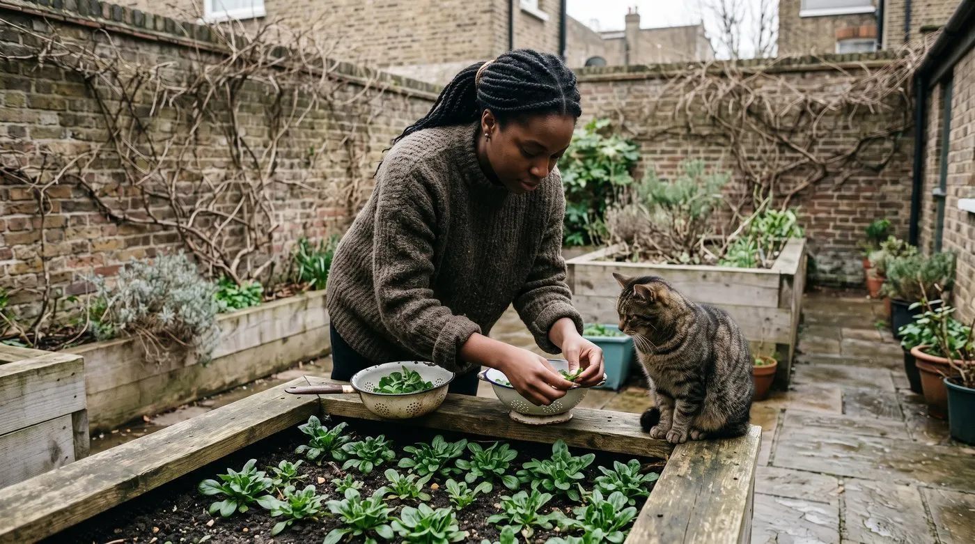Woman picking outer leaves of corn salad into a colander while a cat watches from a raised bed