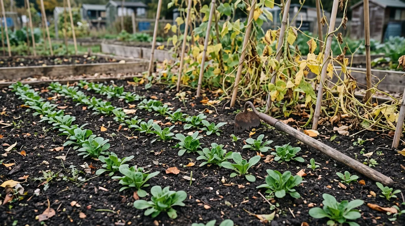 Rows of young corn salad seedlings coming up in fine soil on an allotment bed in autumn