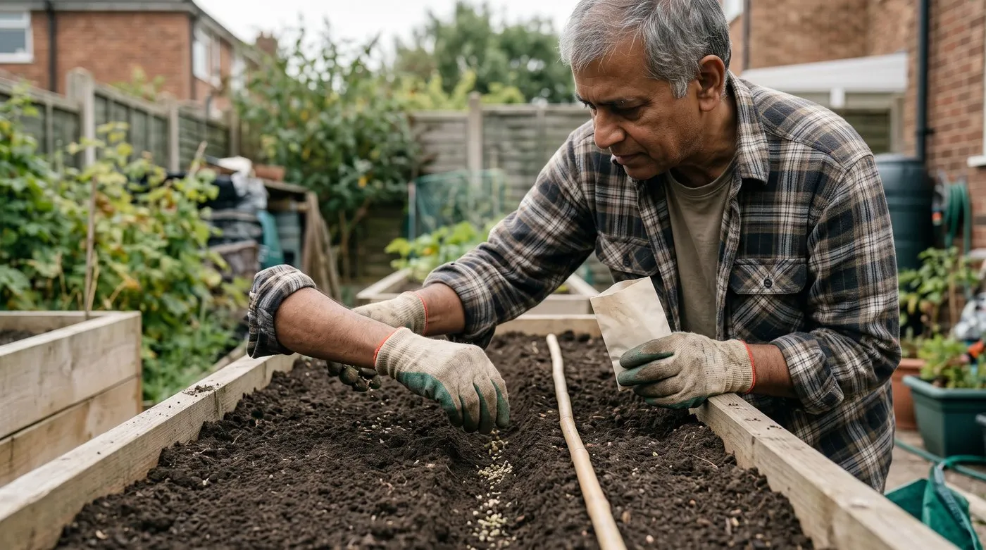 Gloved hands sowing corn salad seed thinly along a shallow drill in a raised bed