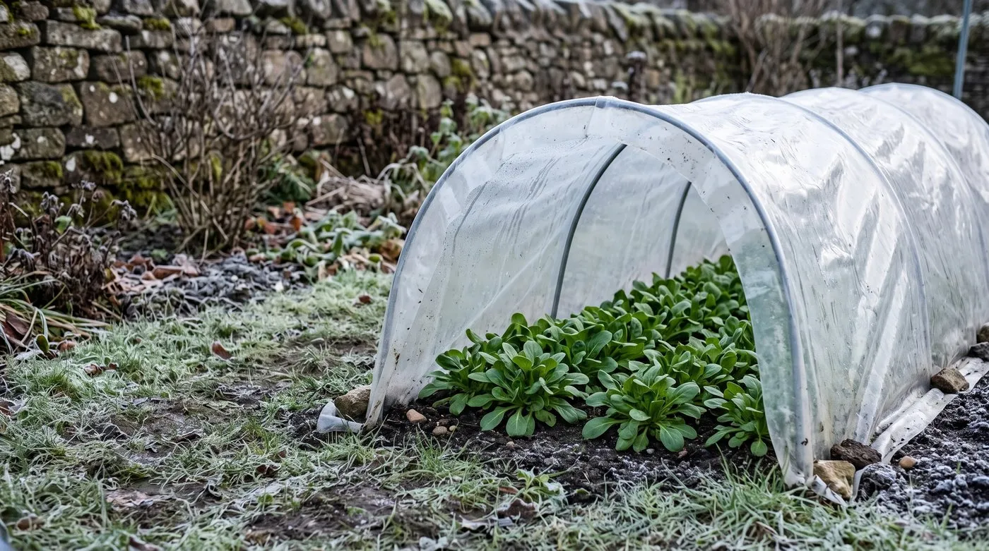 Corn salad rosettes growing under a clear tunnel cloche in a frosty winter garden
