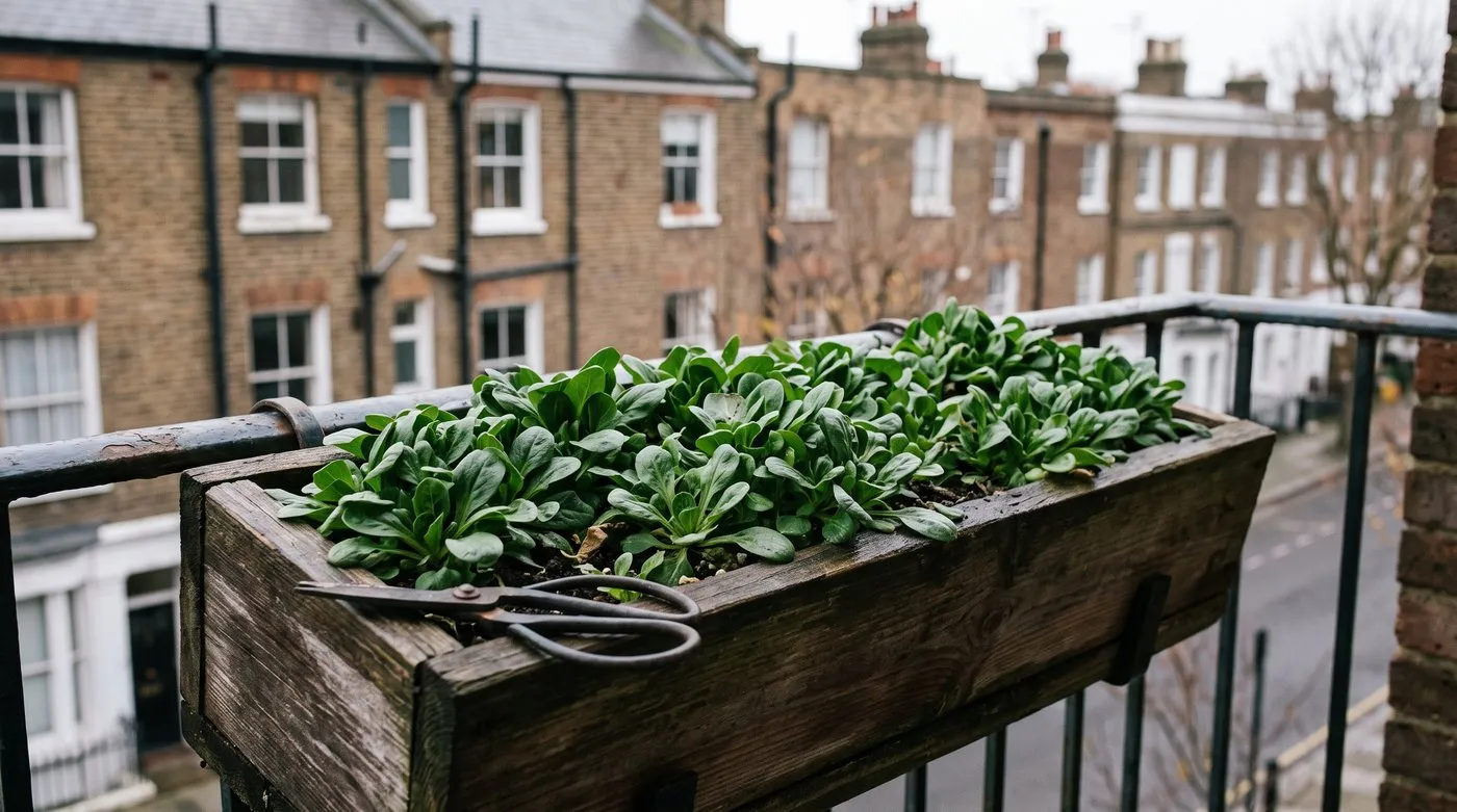 Window box of small corn salad rosettes on a city flat balcony railing in late autumn