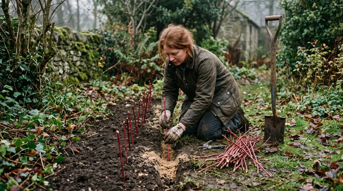 Woman pushing red dogwood hardwood cuttings into a sand-lined slit trench in late autumn