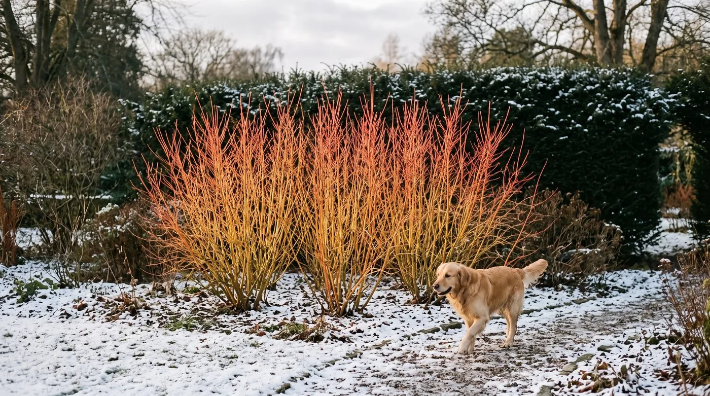 Midwinter Fire dogwood stems glowing yellow, orange and red in winter sun, with a retriever on the path